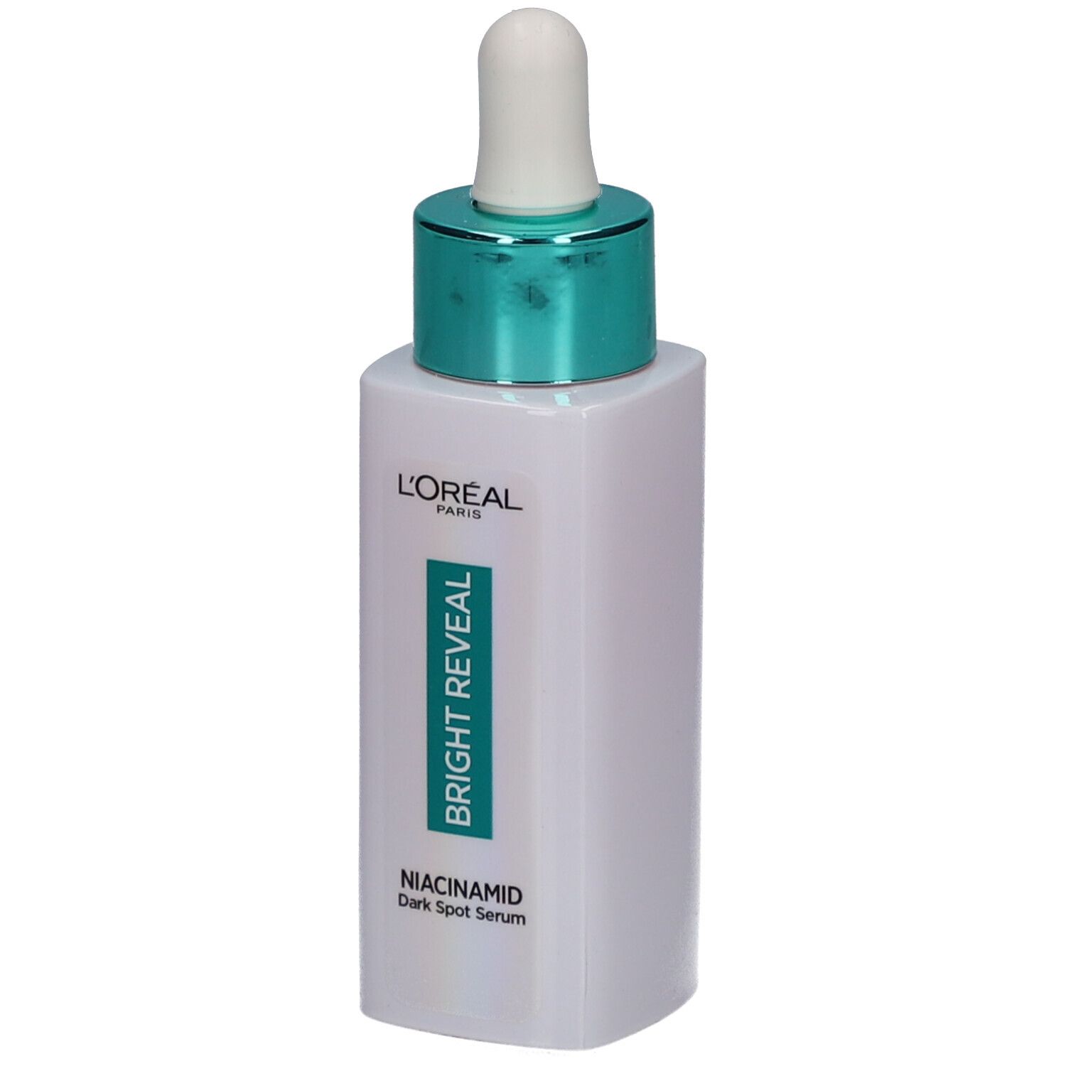 Flacon de sérum avec pipette. Flacon blanc avec bouchon turquoise. Inscription : L'Oréal, Bright Reveal, Niacinamide.
