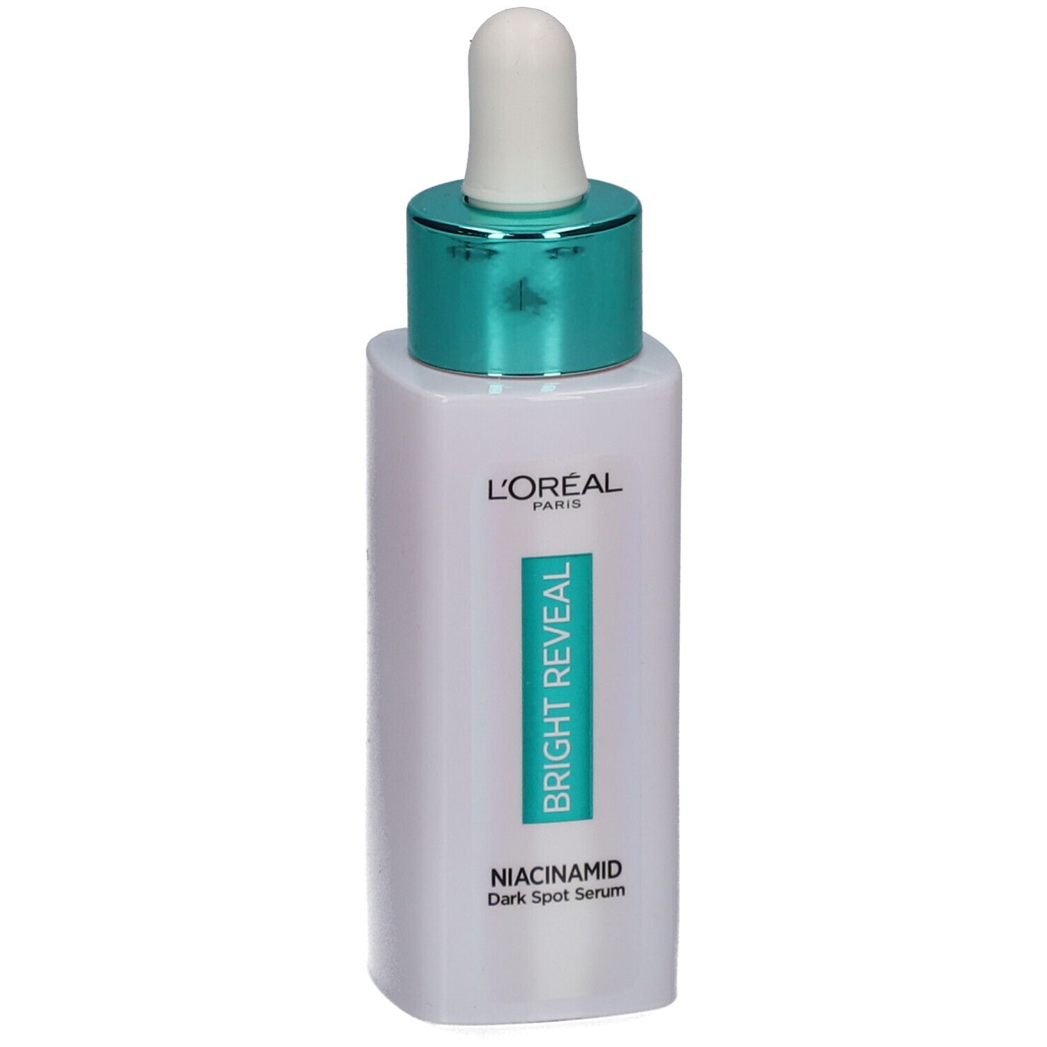 Flacon de sérum avec pipette. Flacon blanc avec bouchon turquoise. Inscription : L'Oréal, Bright Reveal, Niacinamide.