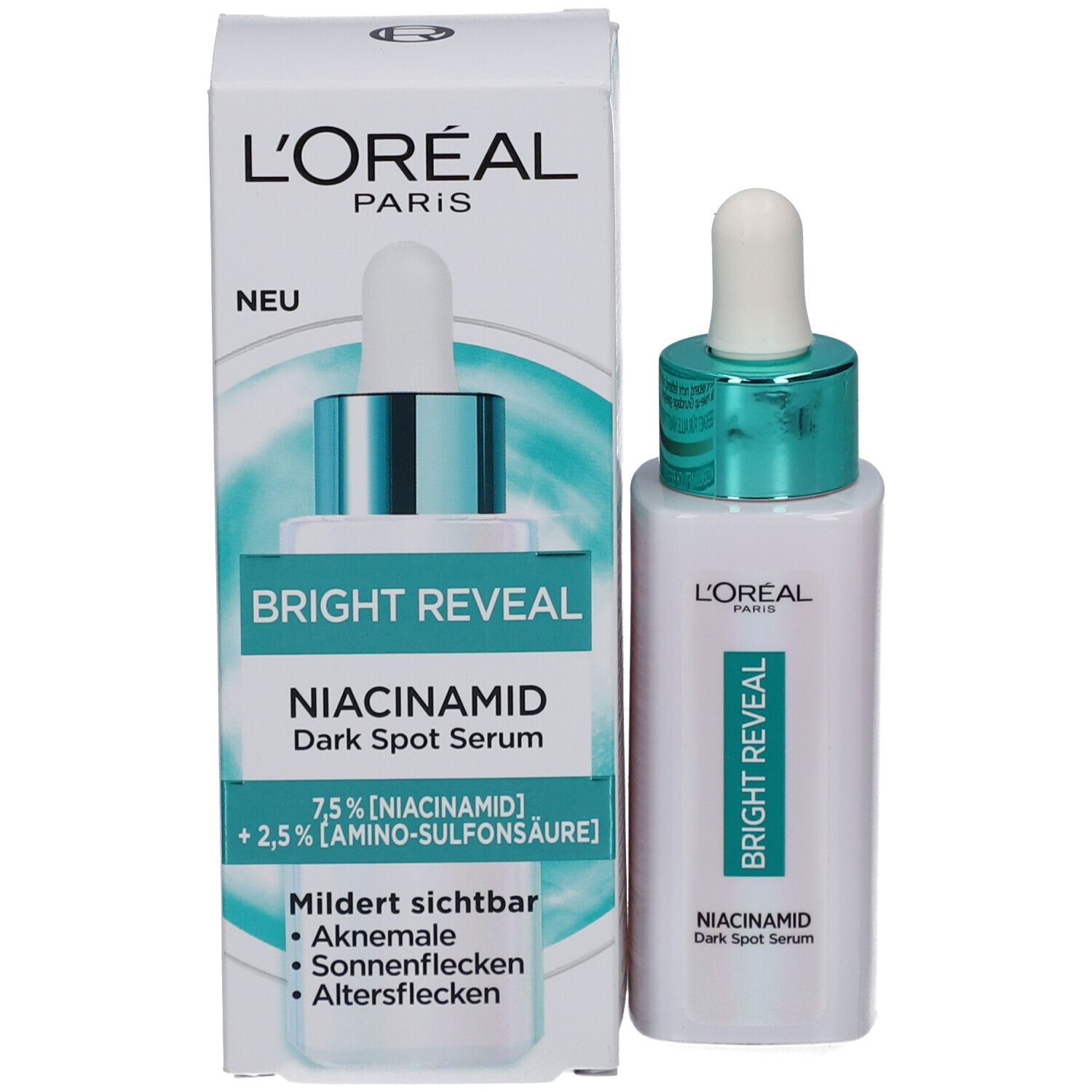 Emballage du produit et flacon de sérum. Boîte avec inscription : Bright Reveal, Niacinamide Dark Spot Serum. Flacon à côté.