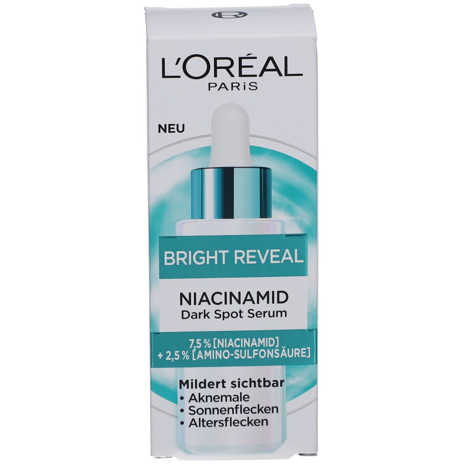 Emballage du produit. Boîte avec inscription : Bright Reveal, Niacinamide Dark Spot Serum. Contient des informations.