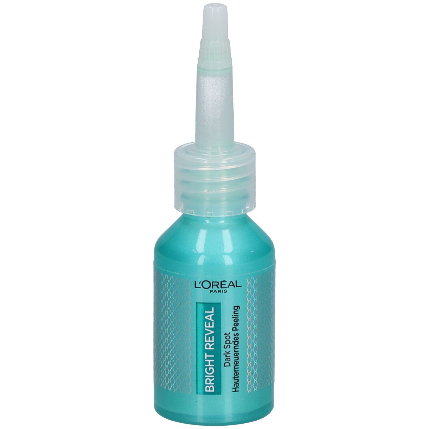 Flacon turquoise avec applicateur. Inscription : L'Oréal, Bright Reveal, Dark Spot Hauterneuerendes Peeling.