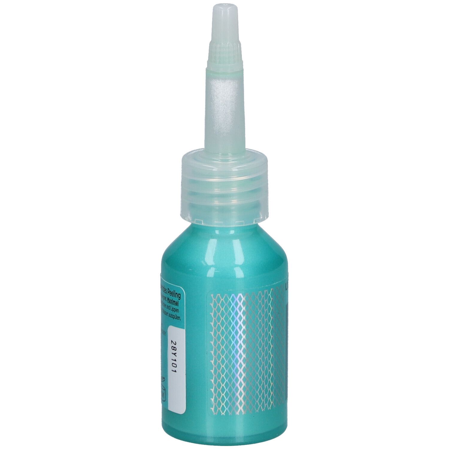 Flacon turquoise avec applicateur. Étiquette au dos avec texte et code.