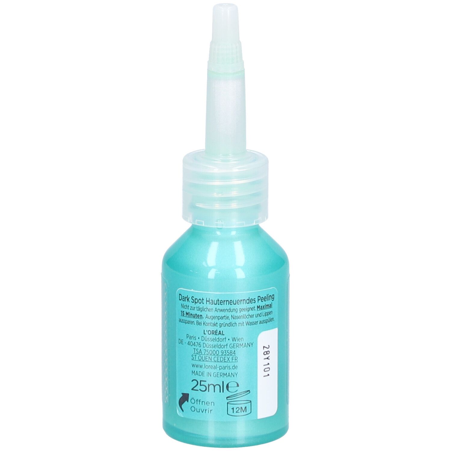 Flacon turquoise avec applicateur. Étiquette au dos avec texte, 25ml et symbole 12M.
