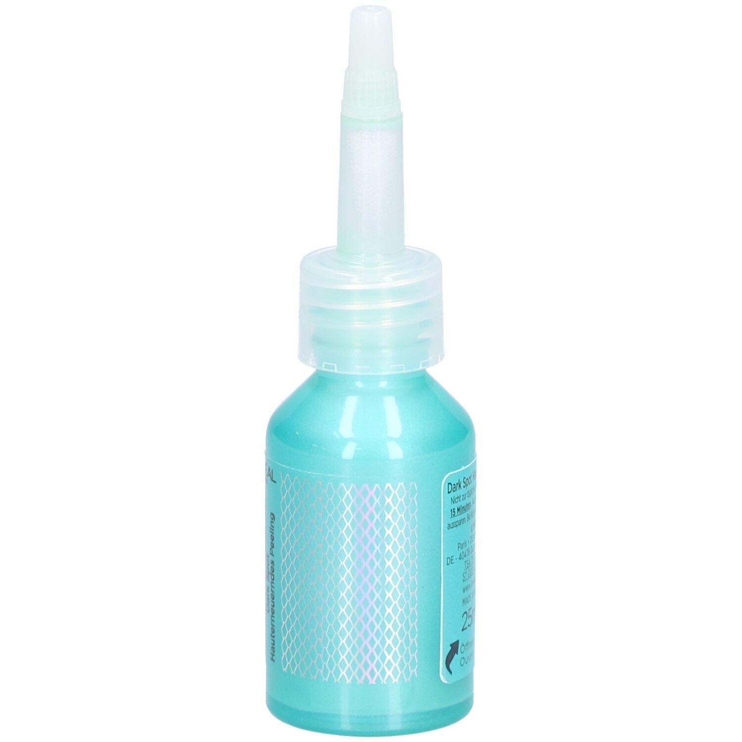 Flacon turquoise avec applicateur. Étiquette au dos avec texte.