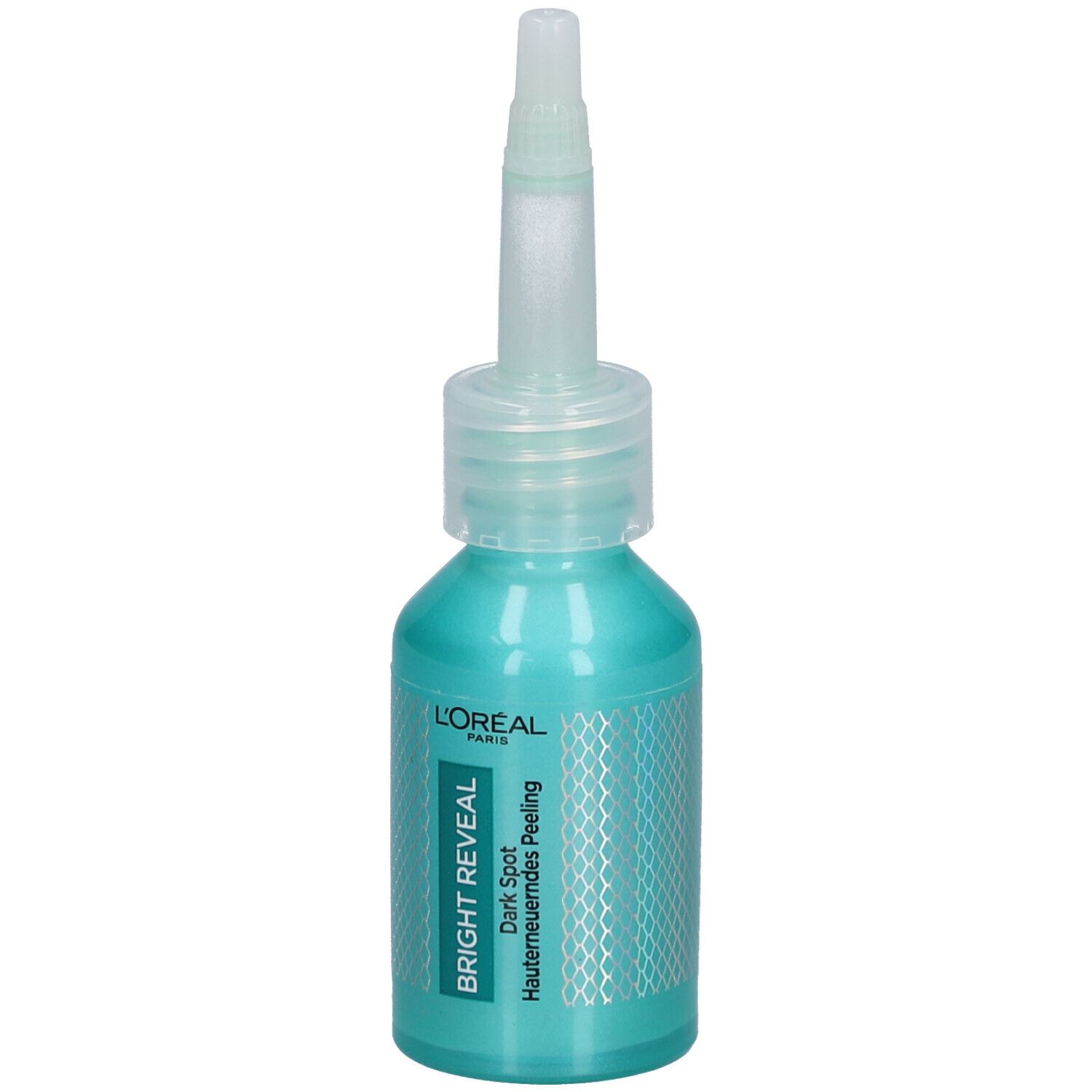 Flacon turquoise avec applicateur. Inscription : L'Oréal, Bright Reveal, Dark Spot Hauterneuerendes Peeling.