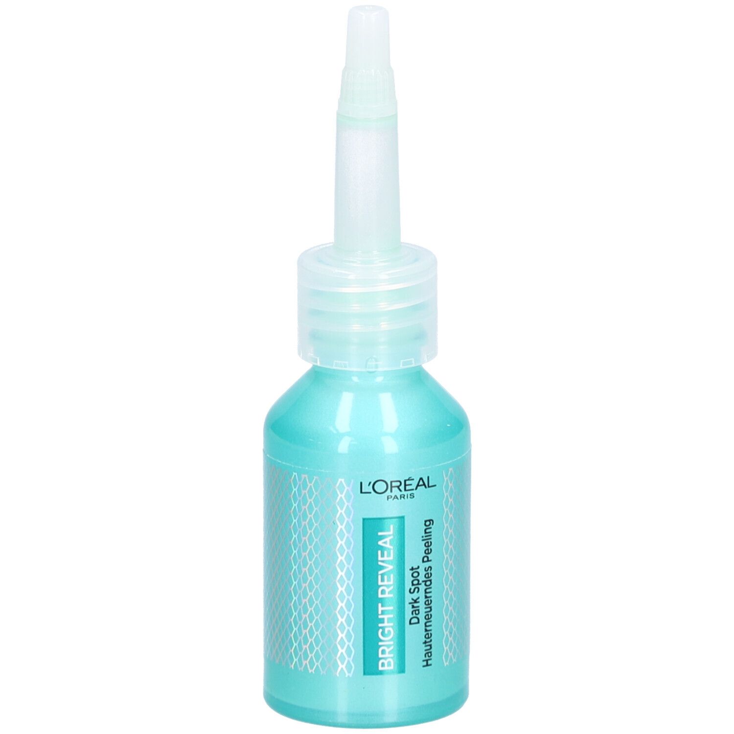 Flacon turquoise avec applicateur. Inscription : L'Oréal, Bright Reveal, Dark Spot Hauterneuerendes Peeling.