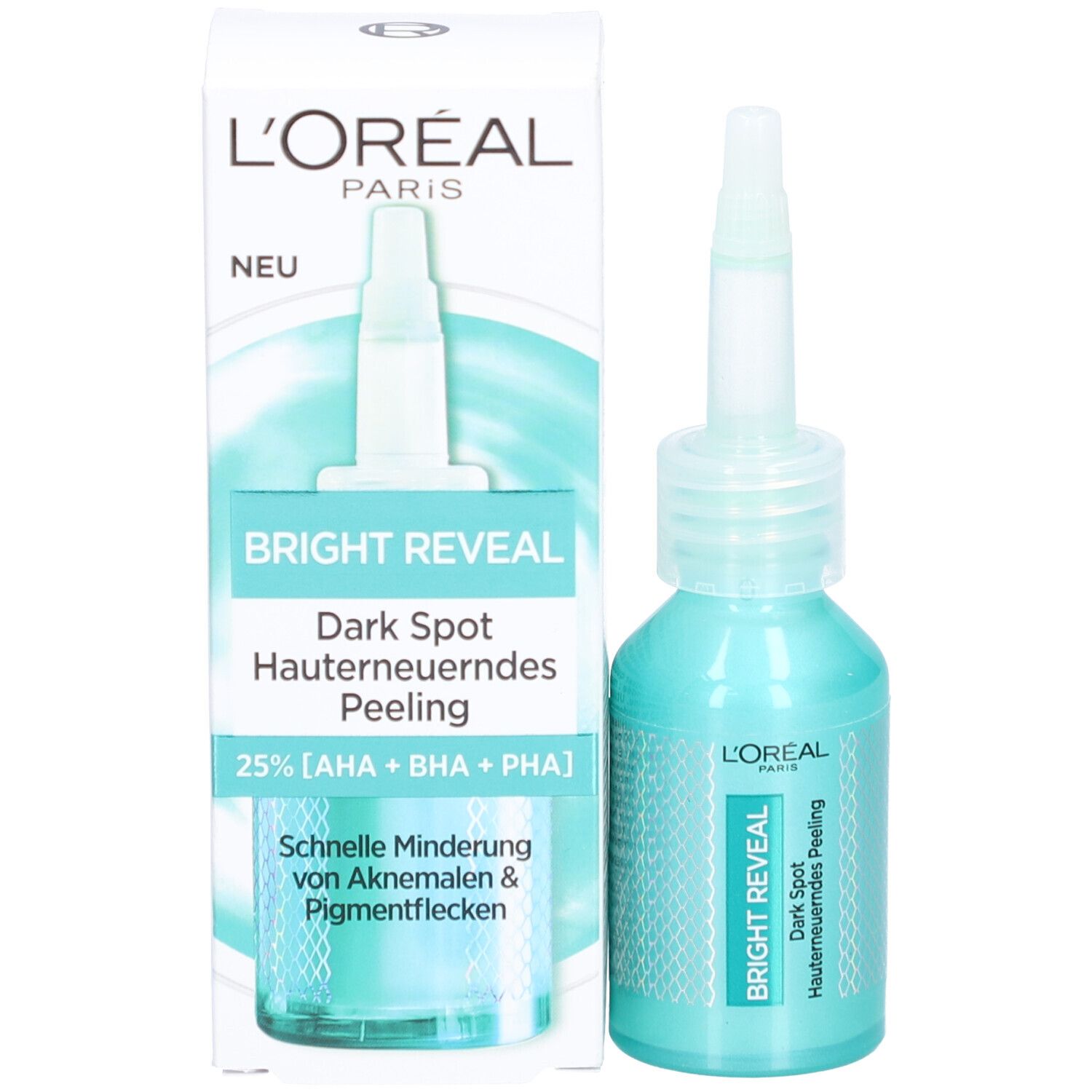 Flacon de produit avec emballage. Emballage avec inscription : L'Oréal, Bright Reveal, Dark Spot Hauterneuerendes Peeling.