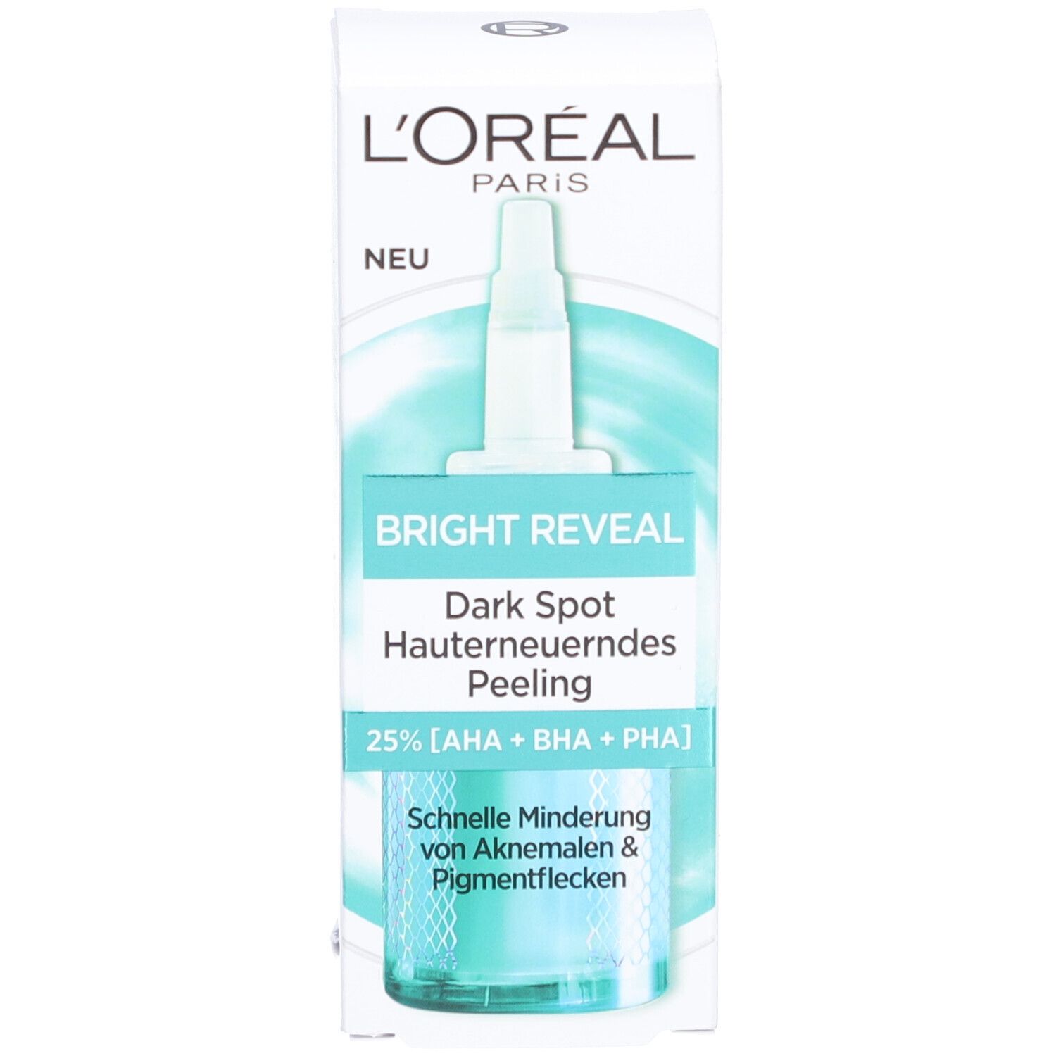Flacon de produit avec emballage. Emballage avec inscription : L'Oréal, Bright Reveal, Dark Spot Hauterneuerendes Peeling.