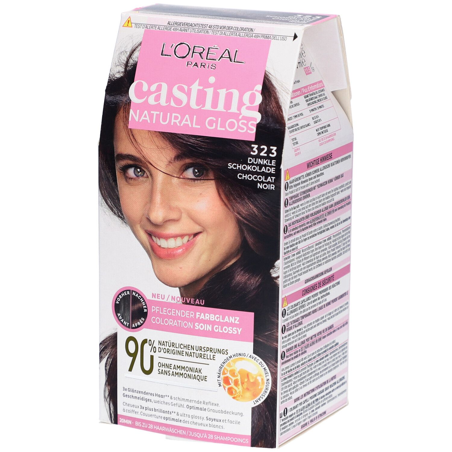 Emballage L'Oréal Casting Natural Gloss Color 323 Chocolat Noir. Femme aux cheveux bruns. Emballage rose et blanc.