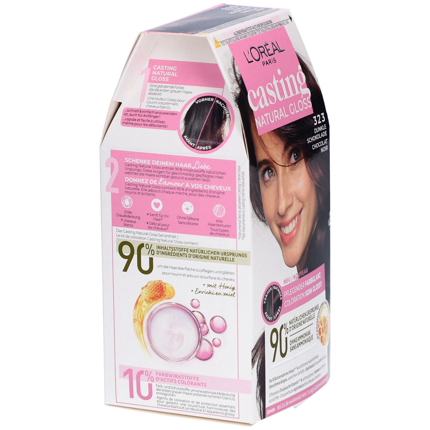 Dos de l'emballage L'Oréal Casting Natural Gloss Color. Emballage rose et blanc avec informations produit.