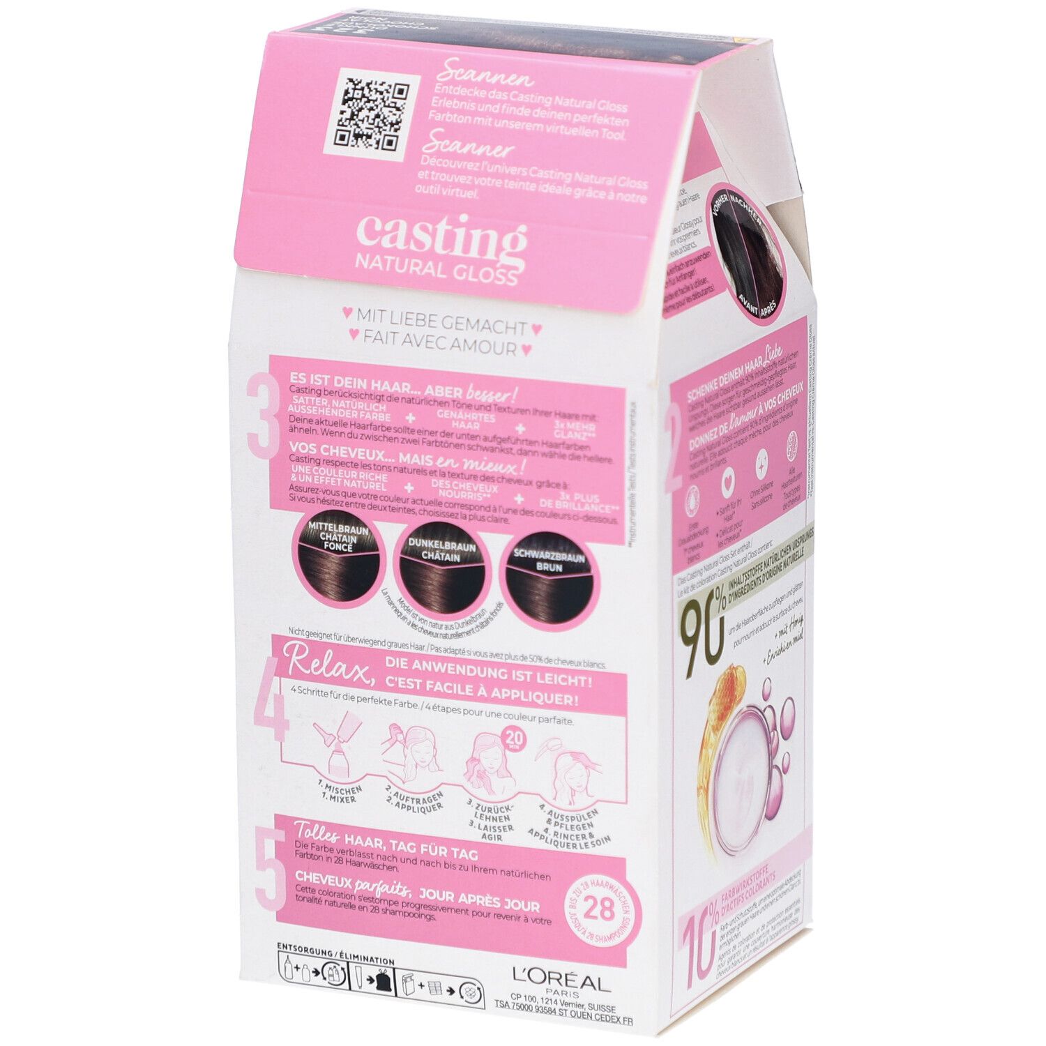 Dos de l'emballage L'Oréal Casting Natural Gloss Color. Emballage rose et blanc avec informations produit.