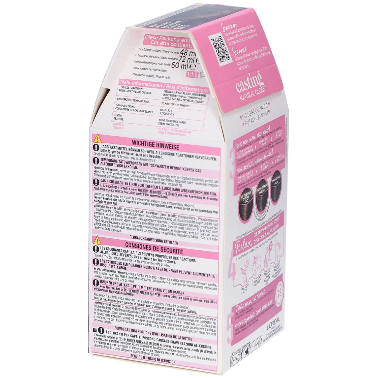 Dos de l'emballage L'Oréal Casting Natural Gloss Color. Emballage rose et blanc avec informations produit.