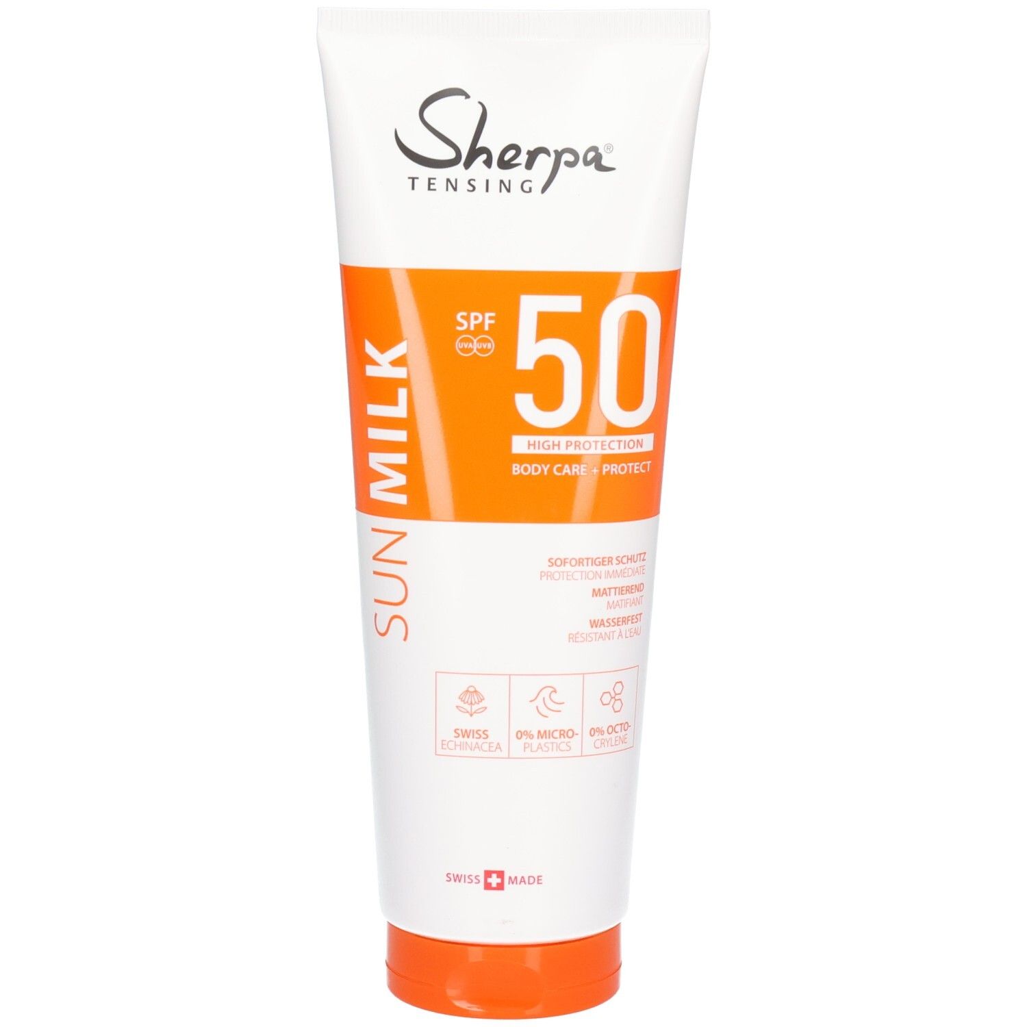 Sherpa Tensing Lait Solaire SPF 50, tube avec bouchon orange. Haute protection pour le corps et la peau.