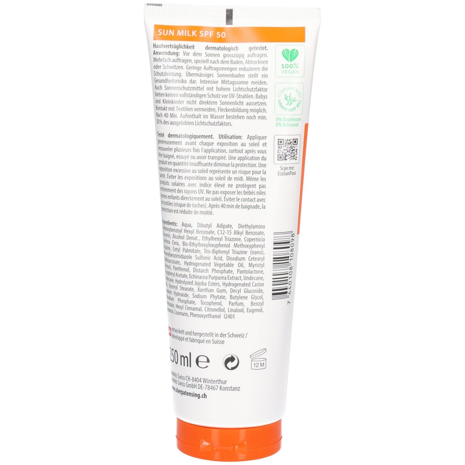 Arrière du tube Sherpa Tensing Lait Solaire SPF 50 avec informations produit et ingrédients. 150 ml.