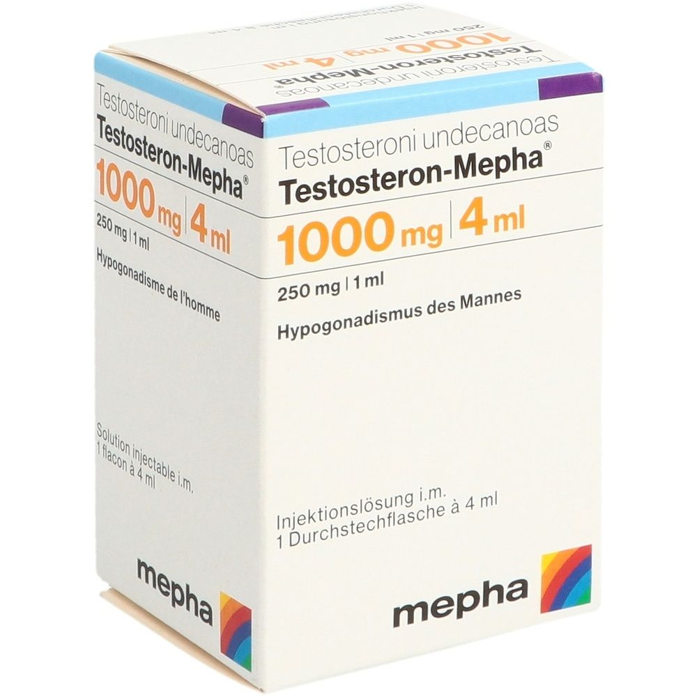 Karton von Testosteron-Mepha. Aufschrift: 1000 mg/4 ml. Enthält eine Durchstechflasche. Marke: mepha.