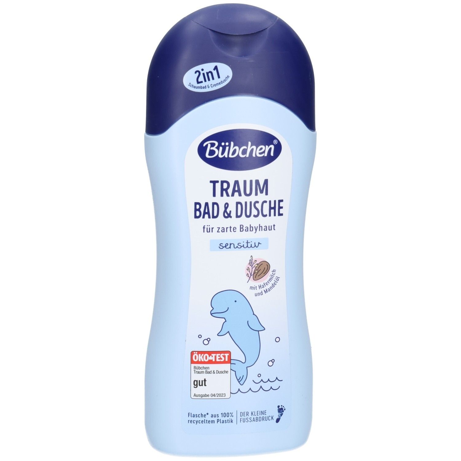 Hellblaue Flasche mit blauem Deckel. Aufschrift: BÜBCHEN Traum Bad & Dusche sensitiv. Mit Delfin-Illustration und ÖKO-TEST Siegel.