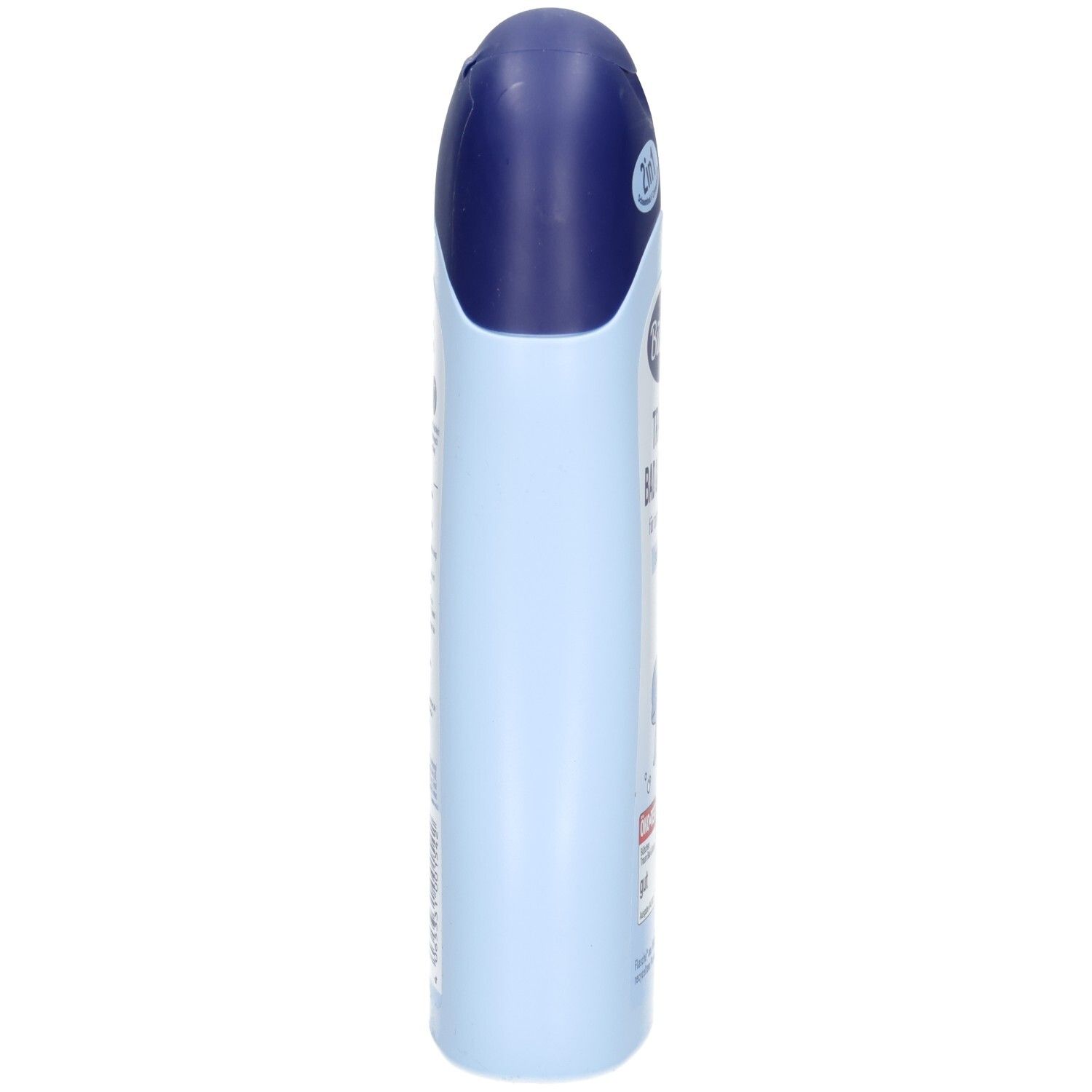 Schmale, hellblaue Flasche mit blauem Deckel. Seitenansicht. Keine weiteren Details erkennbar.