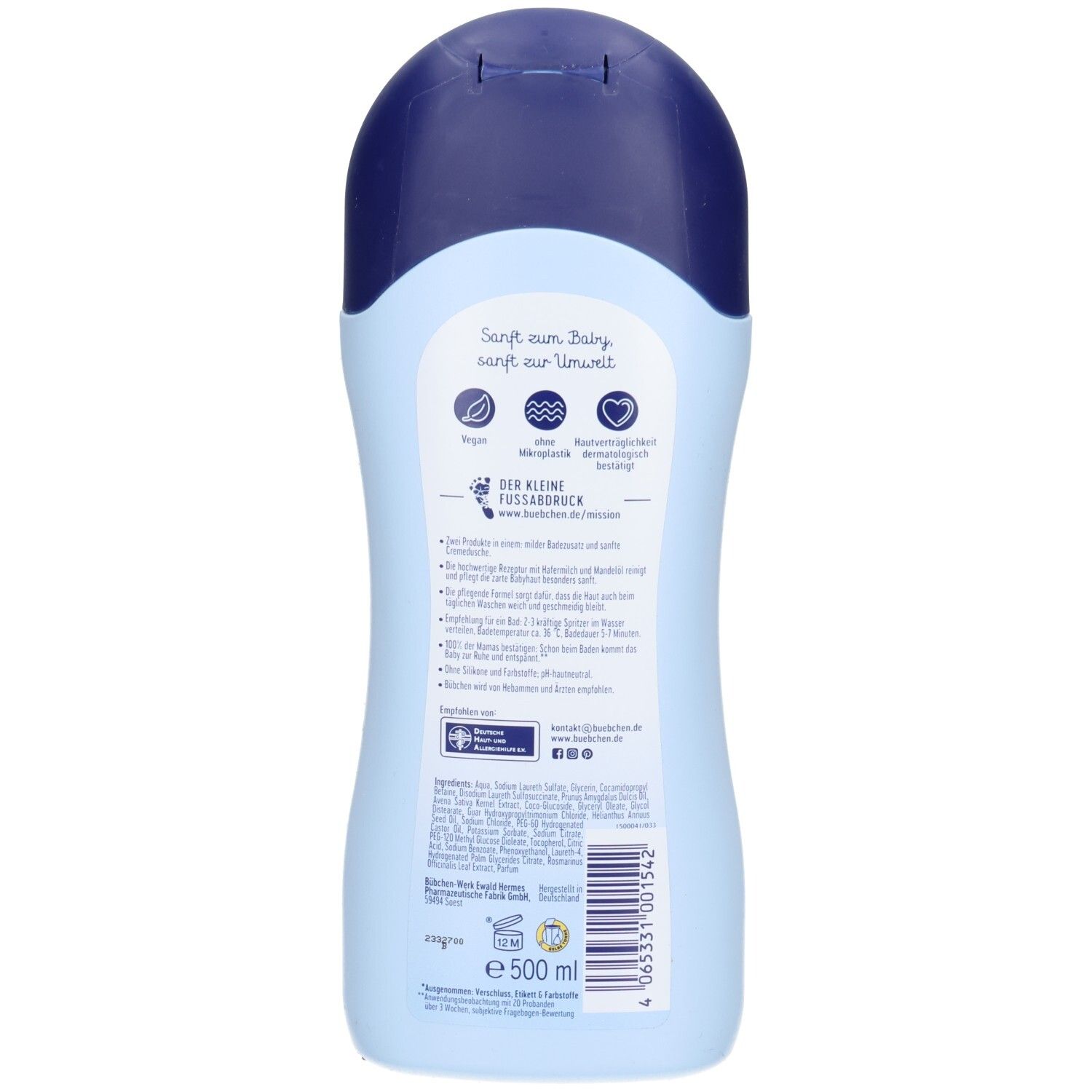 Rückseite der hellblauen Flasche. Textinformationen, Inhaltsstoffe und Logos. Volumen: 500 ml.