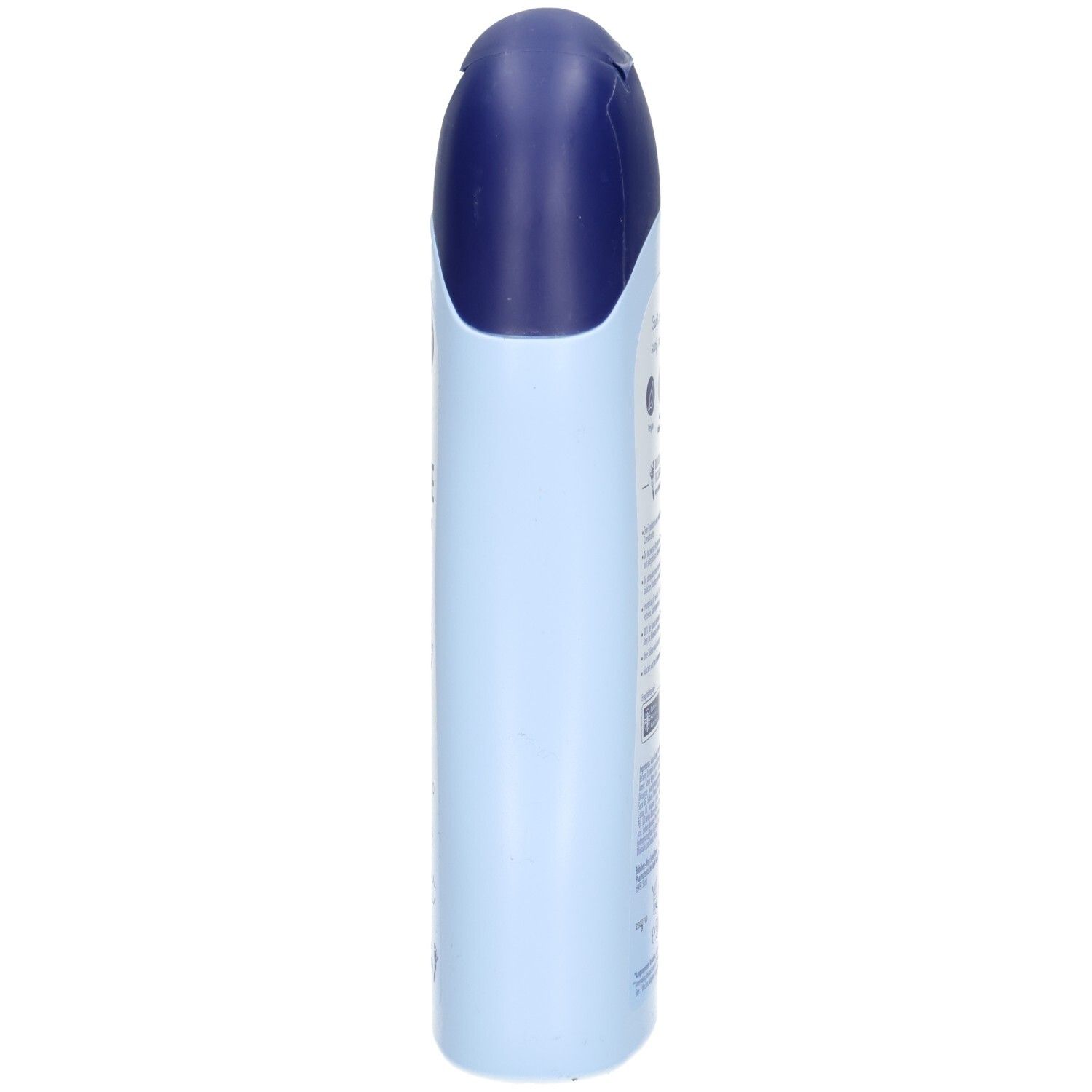 Schmale, hellblaue Flasche mit blauem Deckel. Seitenansicht. Keine weiteren Details erkennbar.
