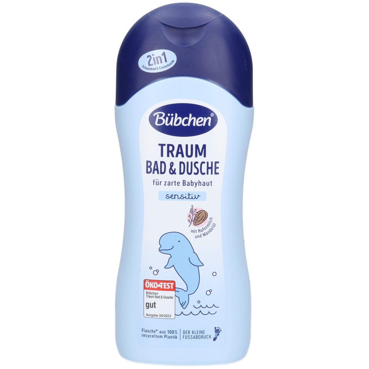 Hellblaue Flasche mit blauem Deckel. Aufschrift: BÜBCHEN Traum Bad & Dusche sensitiv. Mit Delfin-Illustration und ÖKO-TEST Siegel.