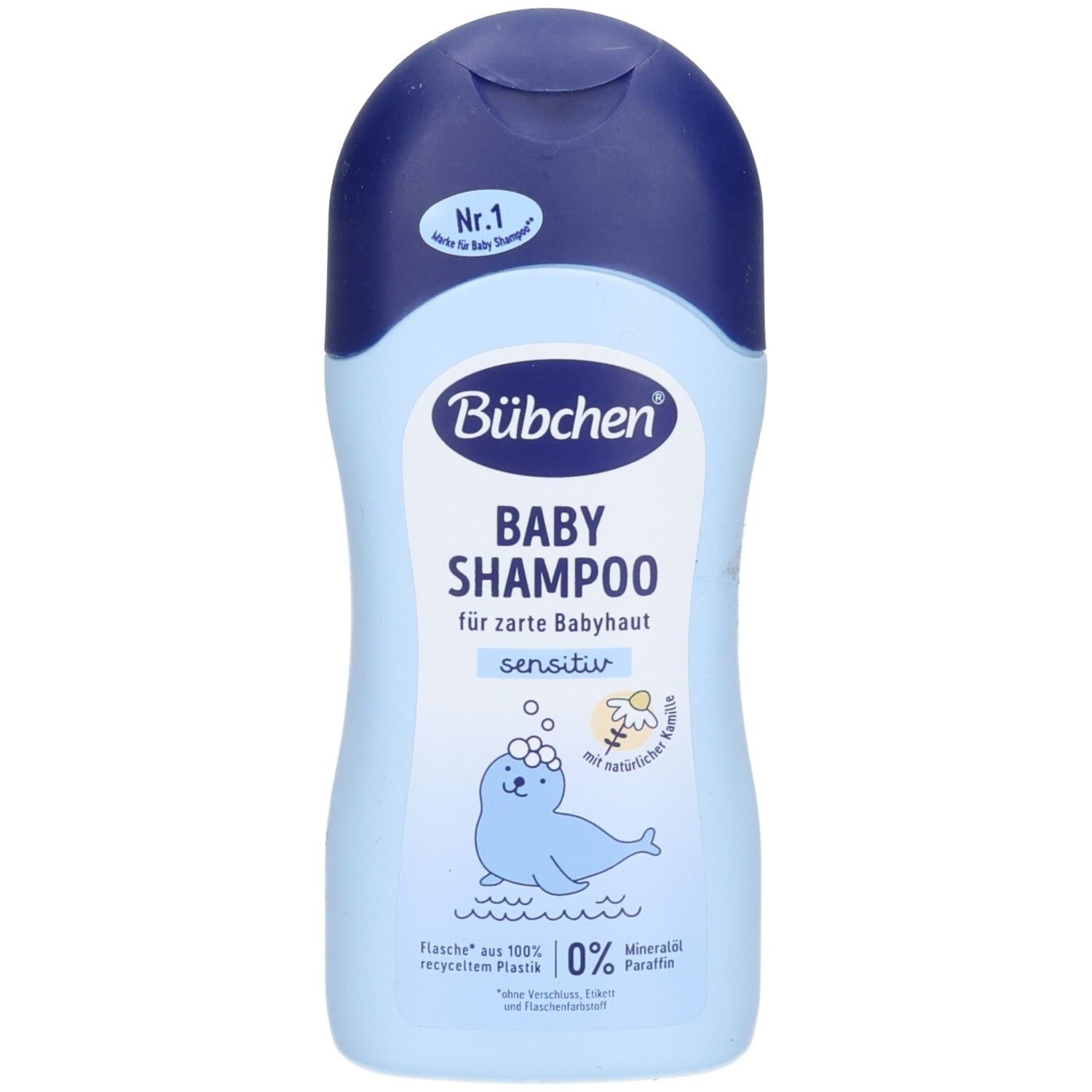 Hellblaue Flasche Bübchen Baby Shampoo Sensitiv mit Siegel und Robben-Illustration.