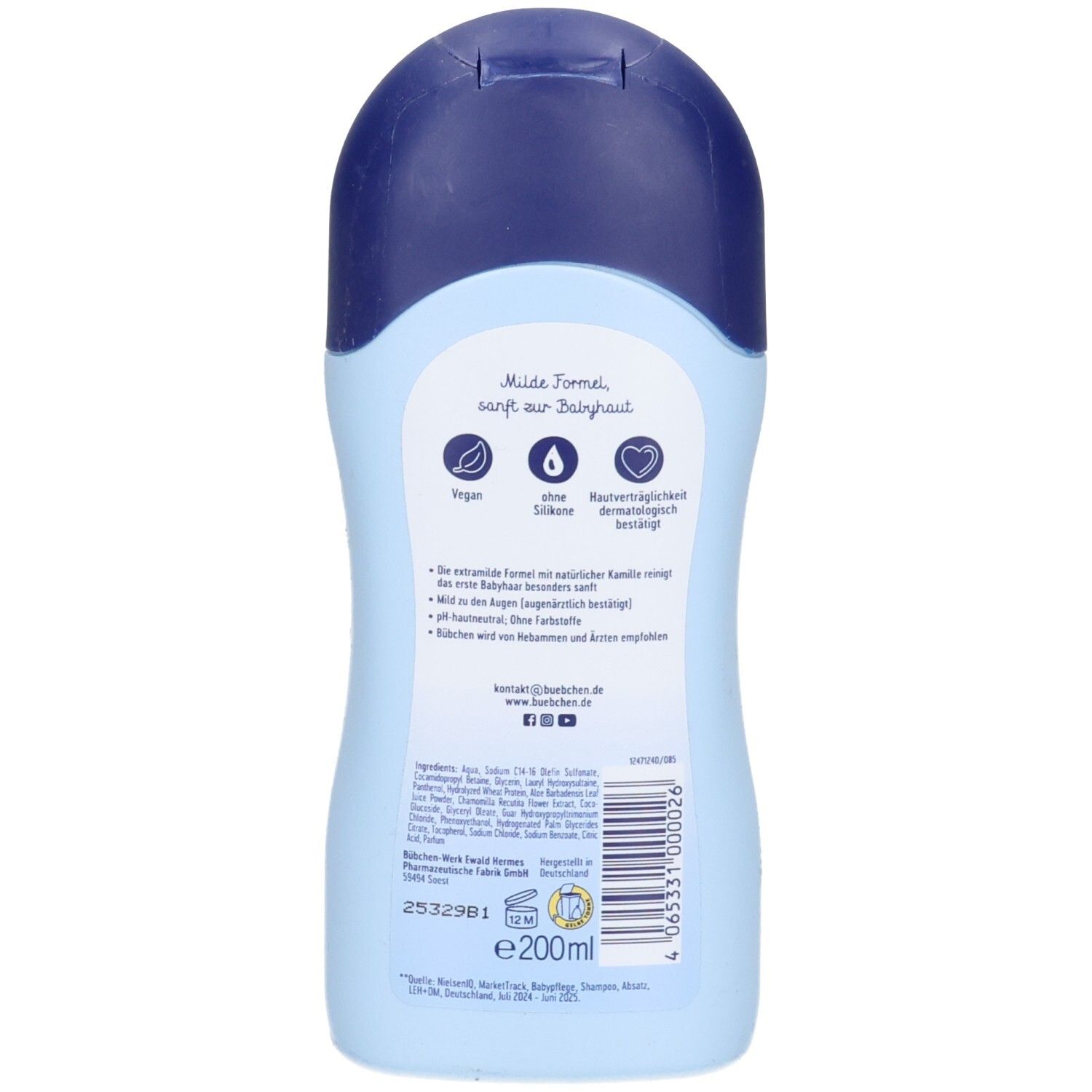 Hellblaue Flasche mit blauem Verschluss, 200ml, vegan, silikonfrei, dermatologisch getestet.