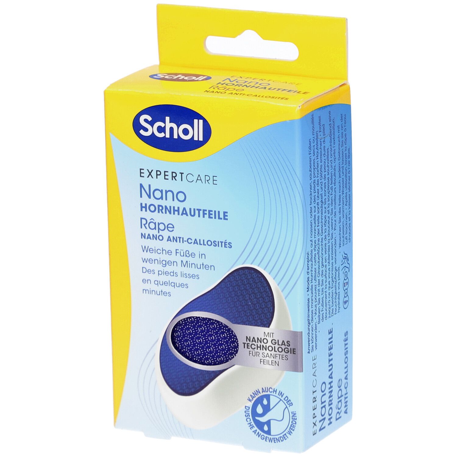 Gelbe Schachtel mit blauem Produkt. Aufschrift: Scholl EXPERTCARE Nano Hornhautfeile. Mit Nano Glas Technologie.
