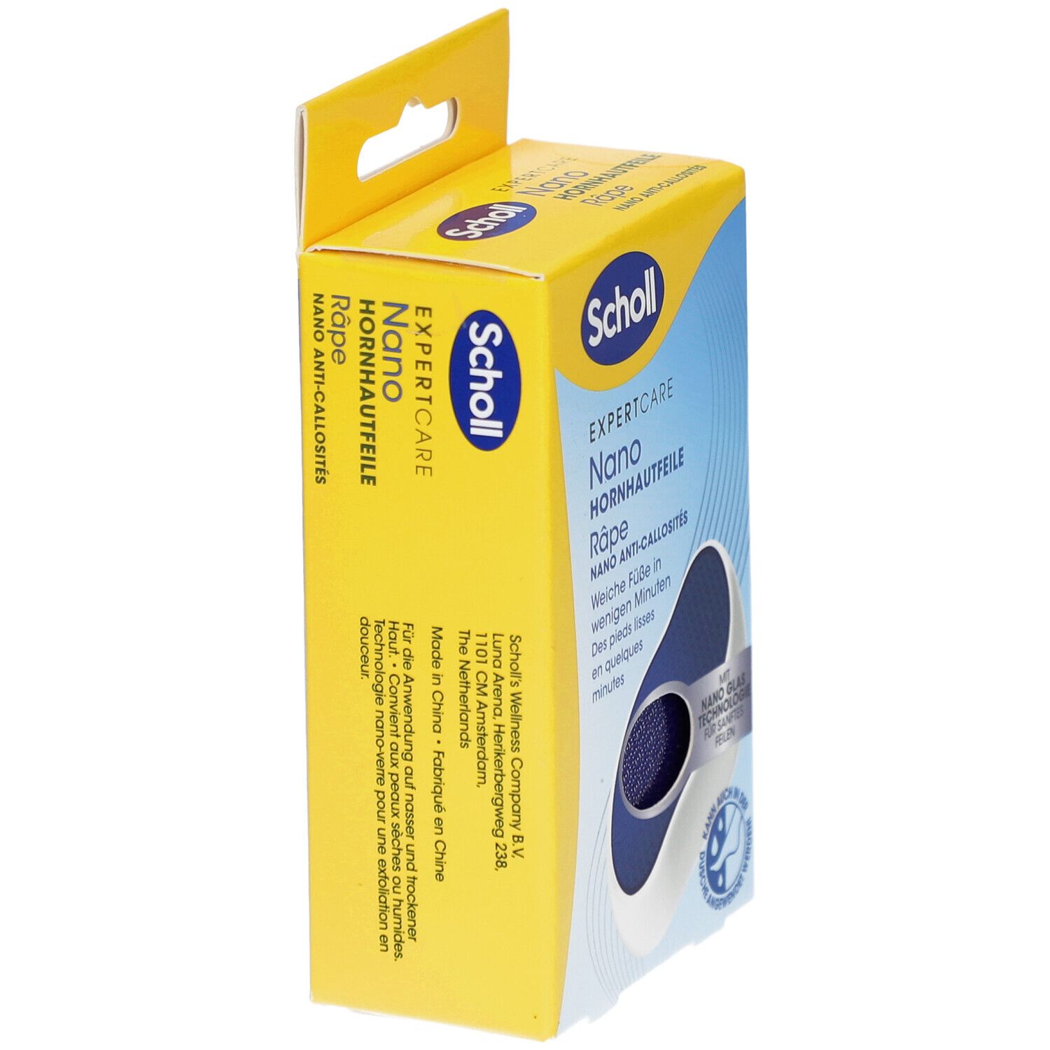 Gelbe Schachtel, seitliche Ansicht. Aufschrift: Scholl EXPERTCARE Nano Hornhautfeile. Produktinformationen und Logo.