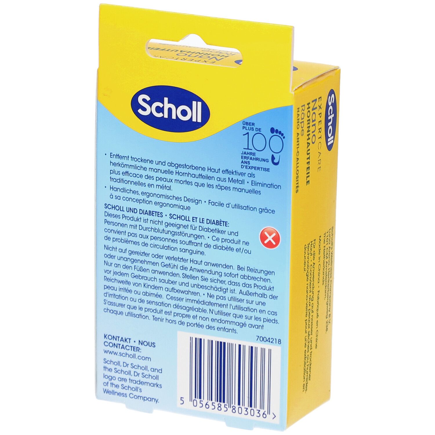 Rückseite der gelben Schachtel. Text: Scholl und Diabetes. Warnhinweise und Kontaktinformationen. Barcode.