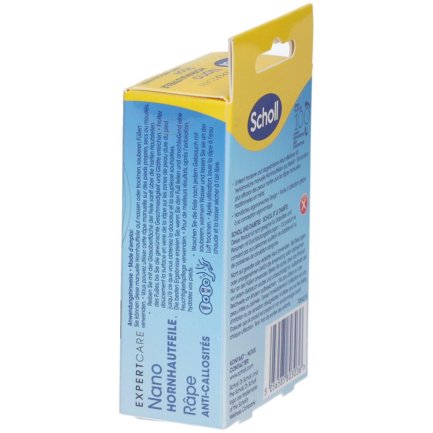 Seitenansicht der gelben Schachtel. Text: Anwendungshinweise. Logo und Produktinformationen.