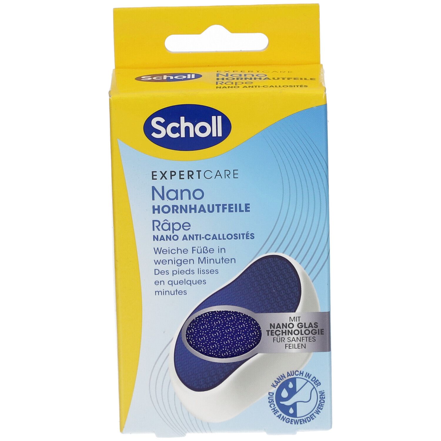 Gelbe Schachtel mit blauem Produkt. Aufschrift: Scholl EXPERTCARE Nano Hornhautfeile. Produktabbildung.