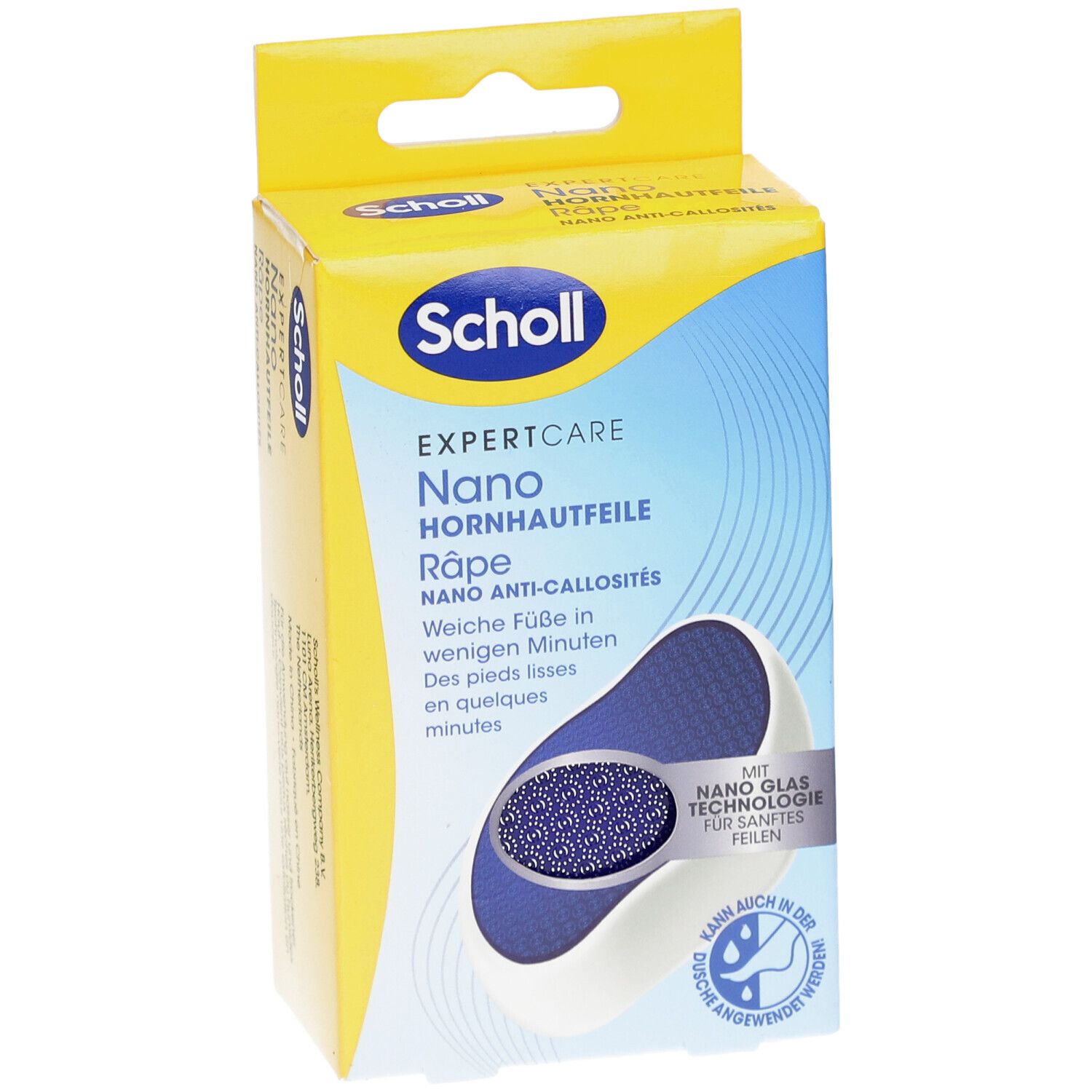 Gelbe Schachtel mit blauem Produkt. Aufschrift: Scholl EXPERTCARE Nano Hornhautfeile. Produktabbildung.