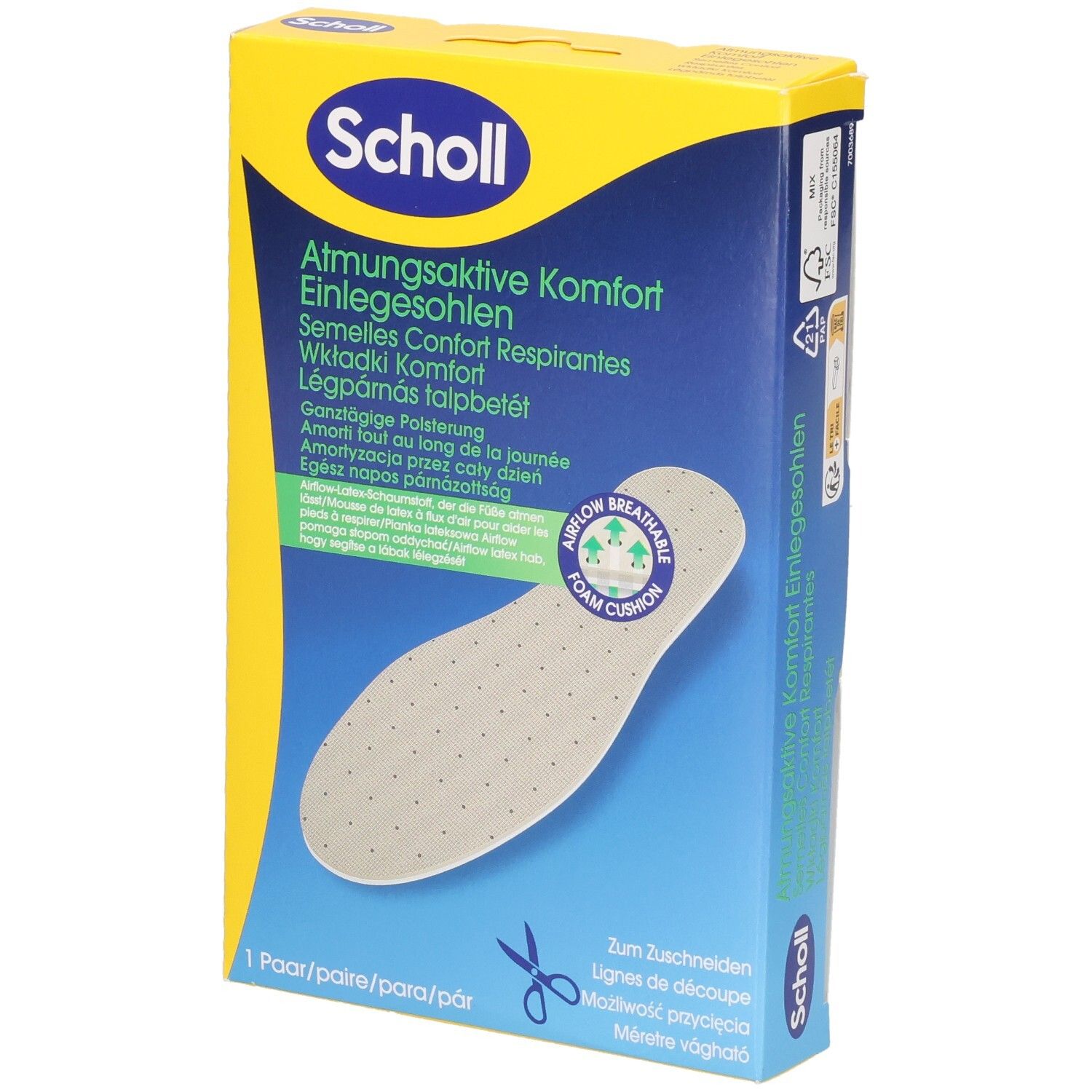 Verpackung für Scholl Air Cushion Einlegesohlen mit Luftpolster-Technologie und Perforation.