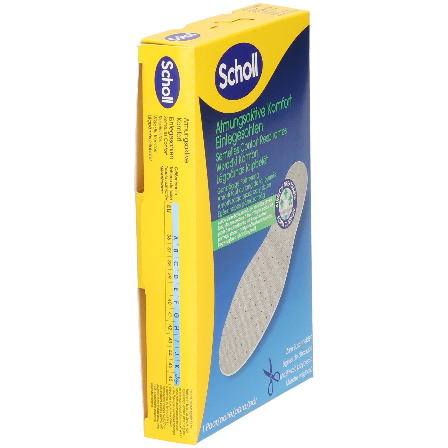 Seitenansicht der Scholl Air Cushion Einlegesohlen-Verpackung mit Größentabelle.