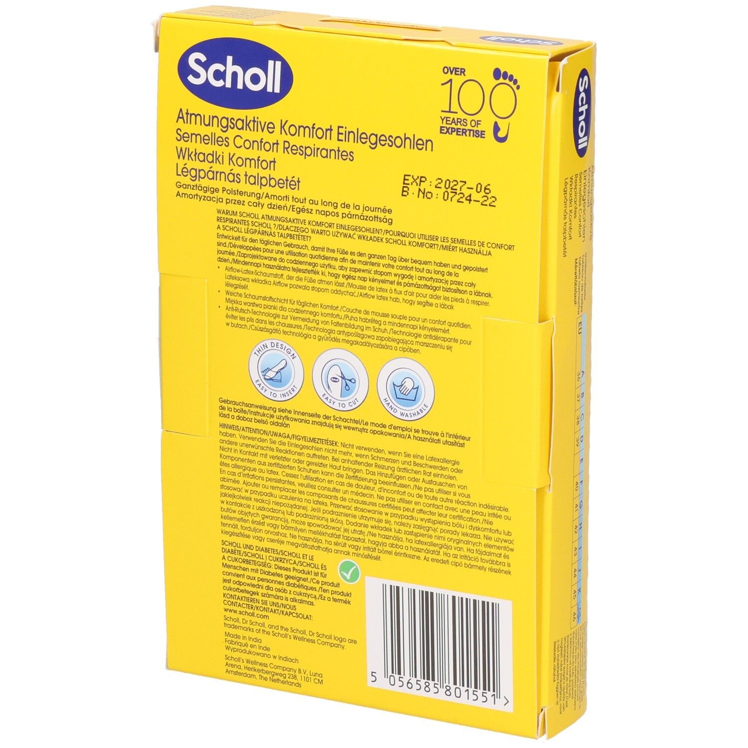 Rückseite der Scholl Air Cushion Einlegesohlen-Verpackung mit Haltbarkeitsdatum und Siegeln.