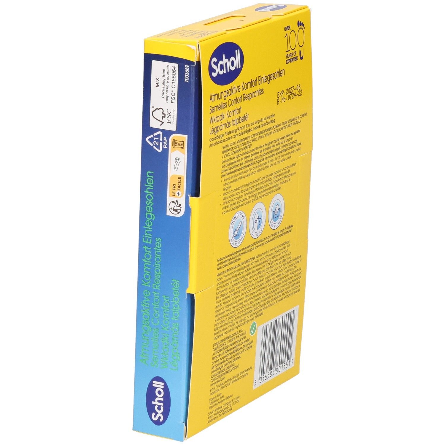 Rückseite der Scholl Air Cushion Einlegesohlen-Verpackung mit Barcode und Siegeln.
