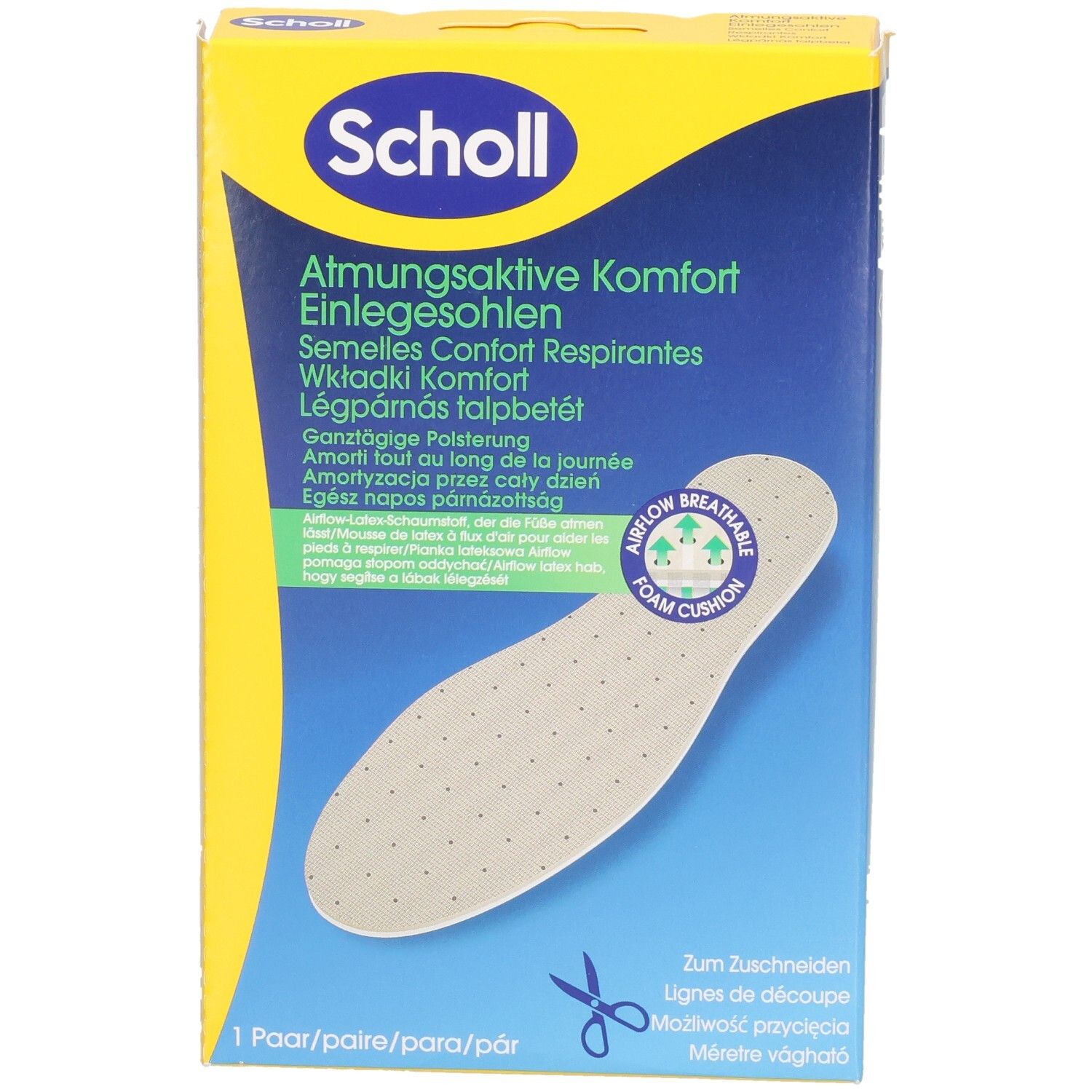 Verpackung für Scholl Air Cushion Einlegesohlen, Vorderseite mit Produktabbildung.