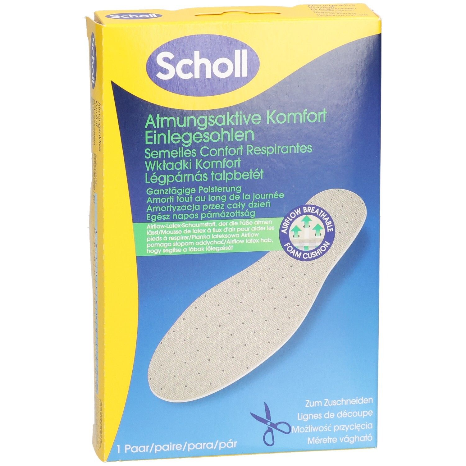 Verpackung für Scholl Air Cushion Einlegesohlen, Vorderseite mit Produktabbildung und Hinweisen.