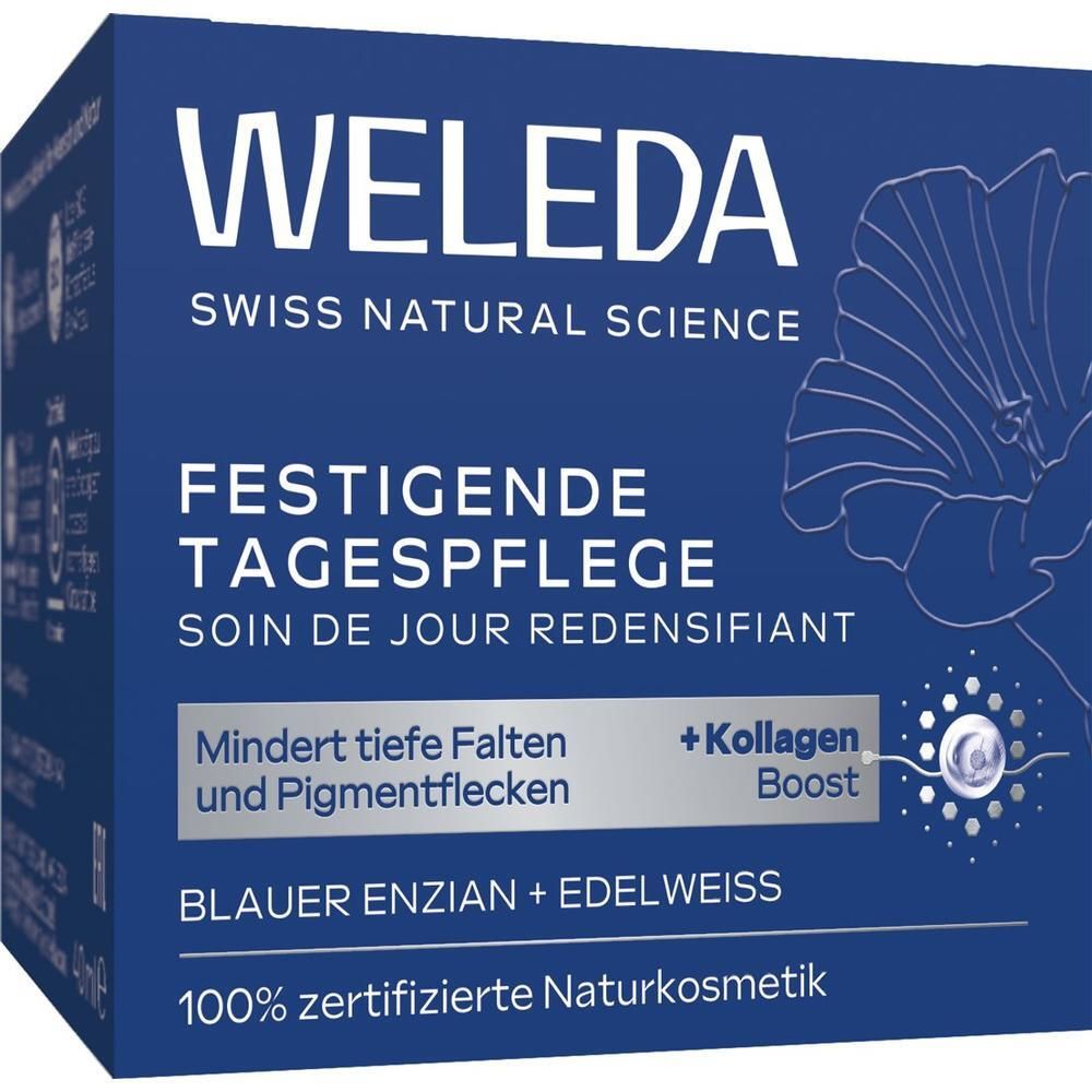 WELEDA Festigende Tagespflege Karton mit Produktabbildung und Textinformationen.