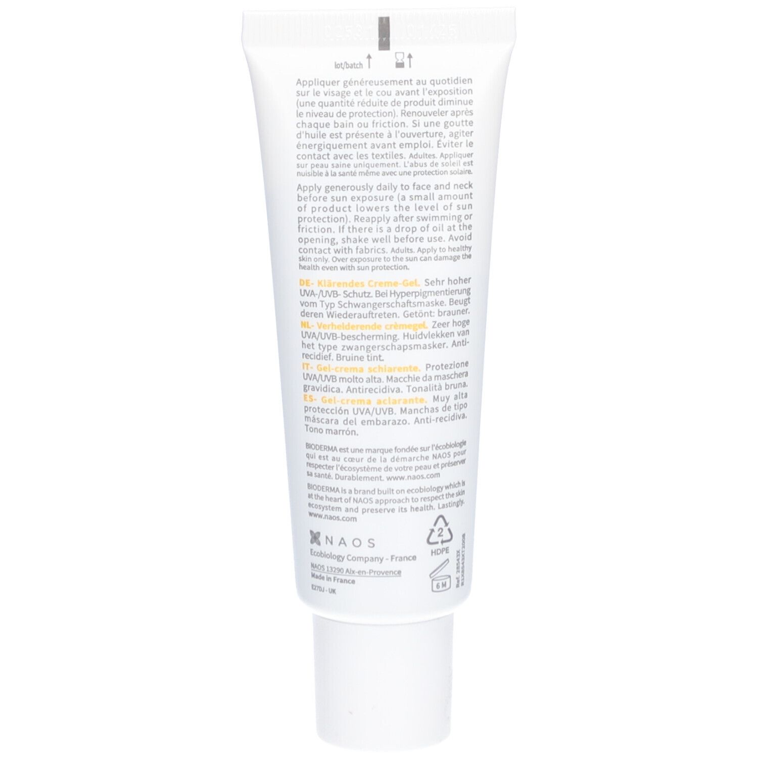 Rückseite der Bioderma Photoderm M Tube. Text und Anweisungen. Enthält Informationen zur Anwendung.