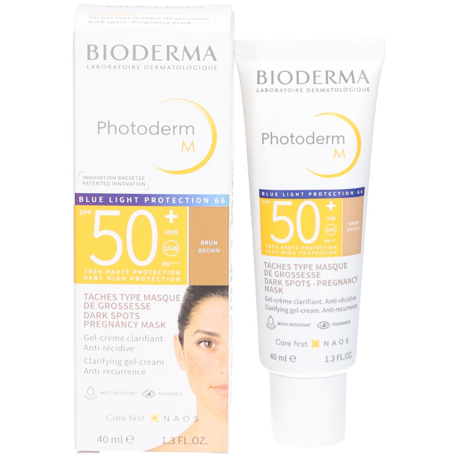 Bioderma Photoderm M, Produkt und Verpackung. Sonnenschutzcreme SPF 50+. Braune Tönung. 40 ml. Für Schwangerschaftsmaske.