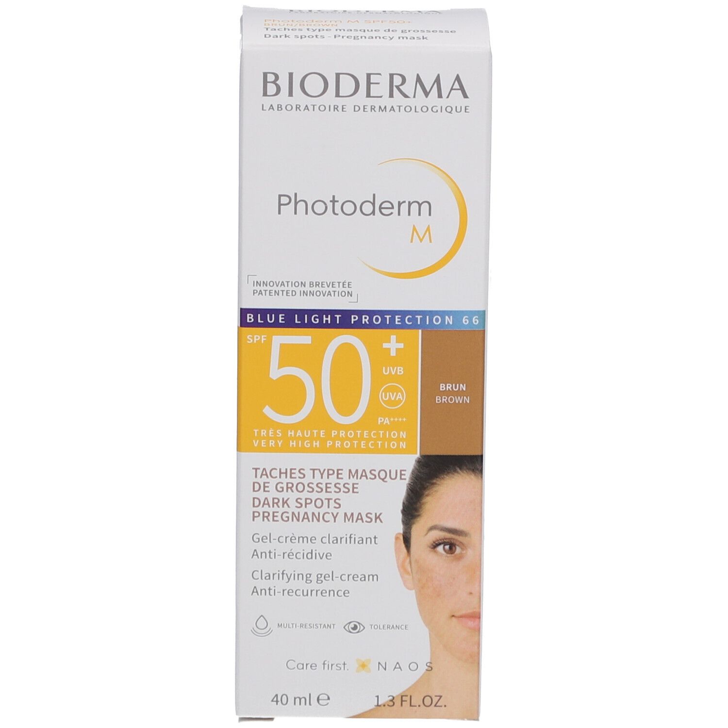 Bioderma Photoderm M Verpackung. Sonnenschutzcreme SPF 50+. Braune Tönung. 40 ml. Für Schwangerschaftsmaske.