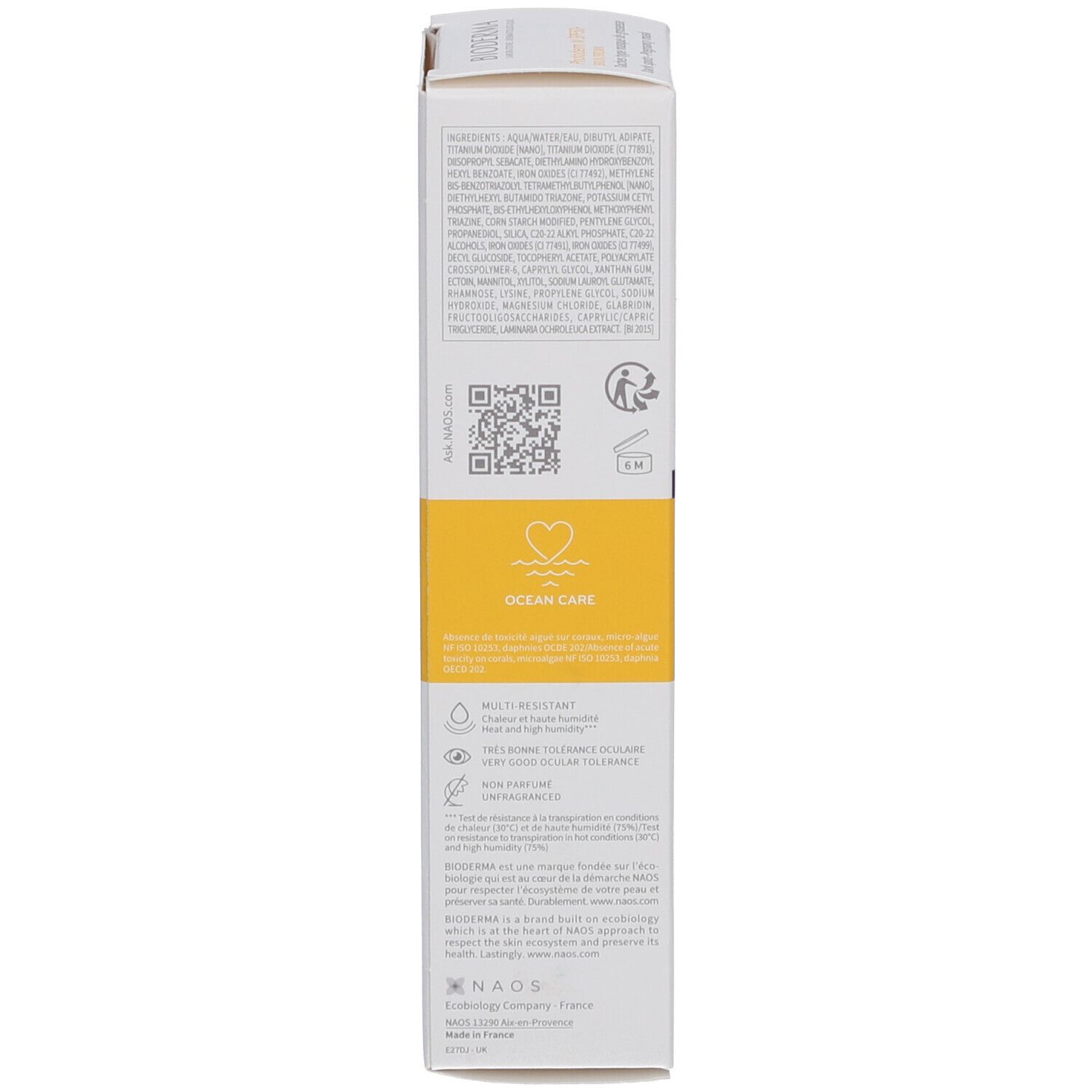 Verpackung von Bioderma Photoderm M. Seite mit Text und Logos. Enthält Informationen über das Produkt.