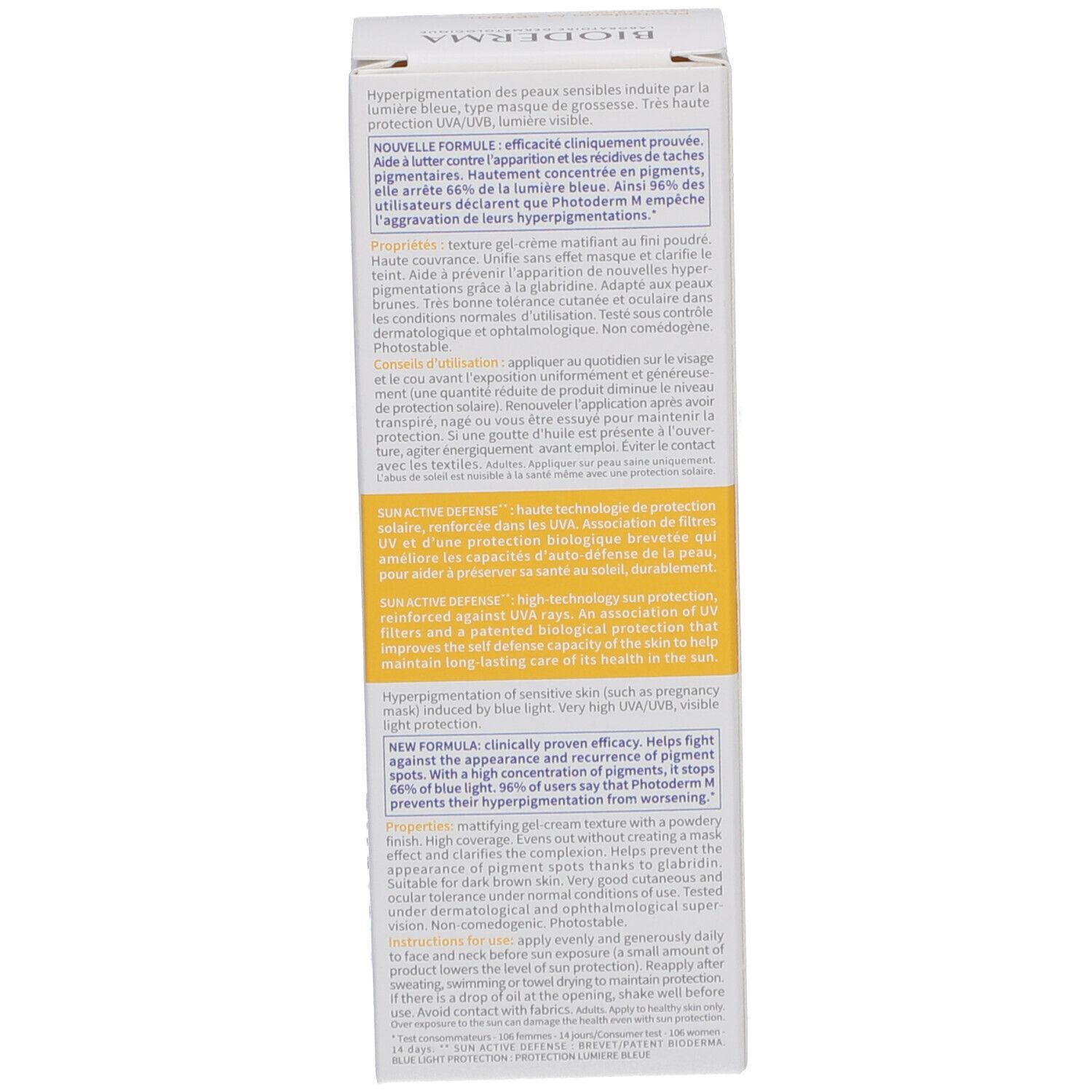 Verpackung von Bioderma Photoderm M. Text über das Produkt. Enthält Informationen über die Inhaltsstoffe.