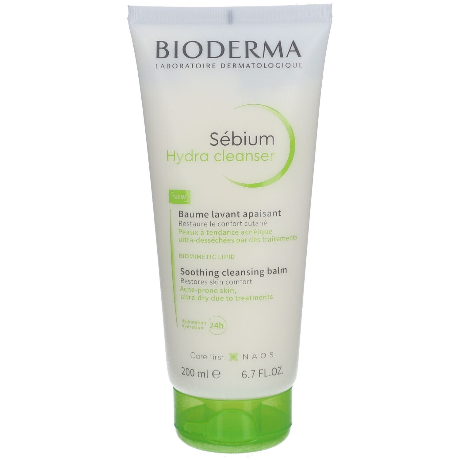 Tube BIODERMA Sébium Hydra cleanser. Blanc, vert. Texte: Sébium Hydra cleanser, 200 ml, 6.7 FL.OZ.