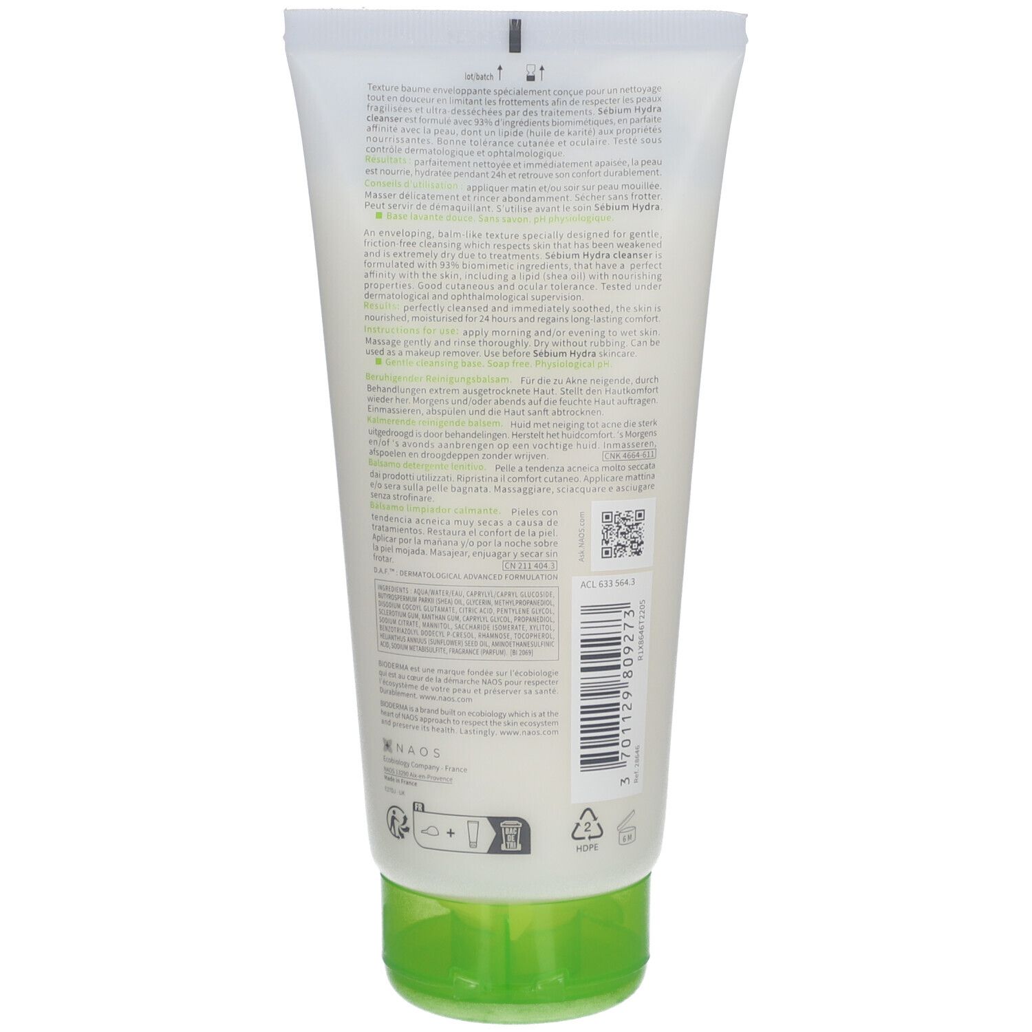 Dos du tube BIODERMA Sébium Hydra cleanser. Blanc, vert. Texte.