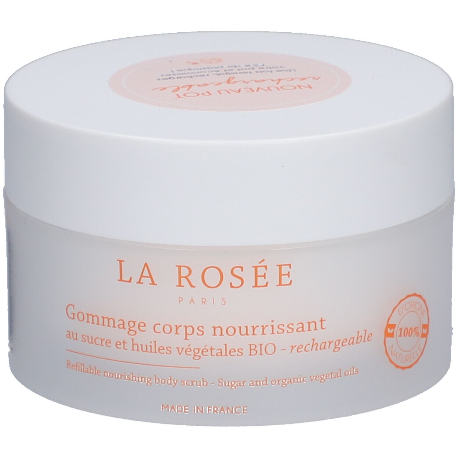 Pot blanc avec couvercle. Inscription: LA ROSÉE PARIS, Gommage corps nourrissant, au sucre et huiles végétales BIO - rechargeable.