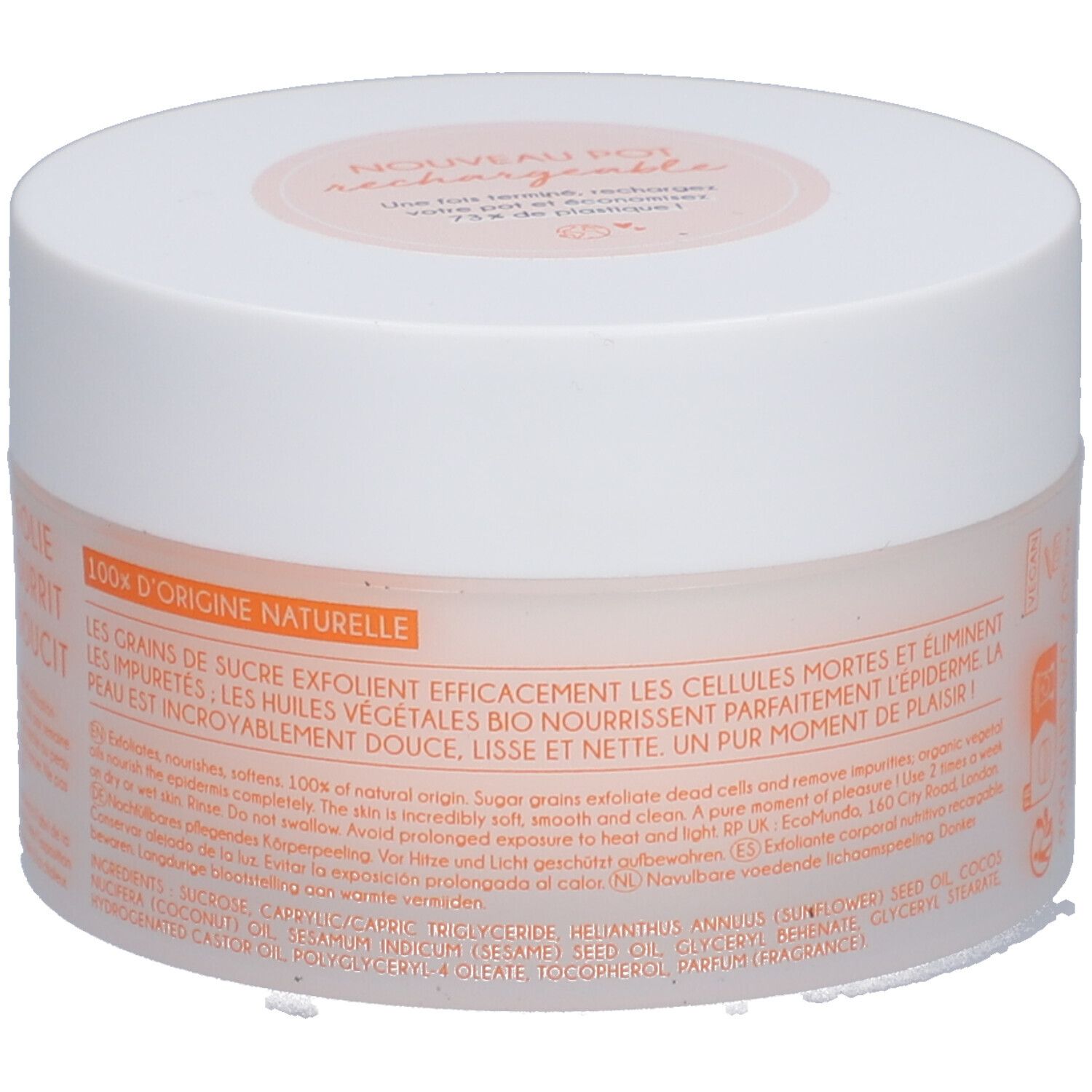 Pot blanc avec couvercle. Inscription: 100% d'origine naturelle. Texte sur les ingrédients et l'utilisation.