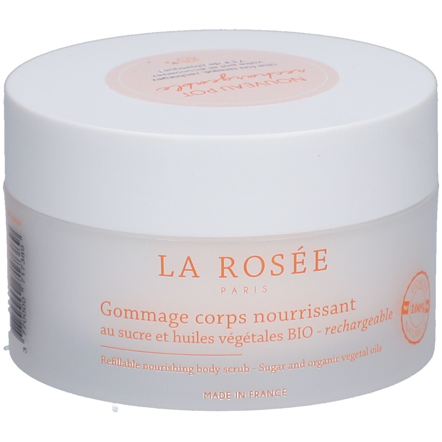 Pot blanc avec couvercle. Inscription: LA ROSÉE PARIS, Gommage corps nourrissant, au sucre et huiles végétales BIO - rechargeable.
