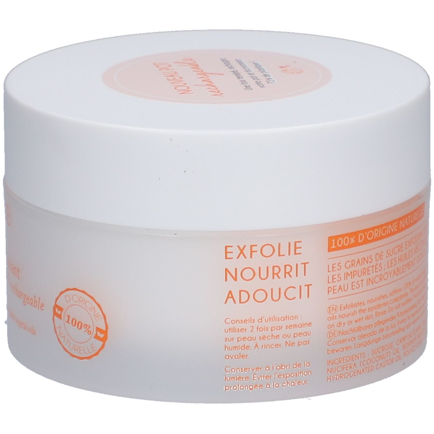 Pot blanc avec couvercle. Inscription: EXFOLIE NOURRIT ADOUCIT. Texte sur l'utilisation et les ingrédients.